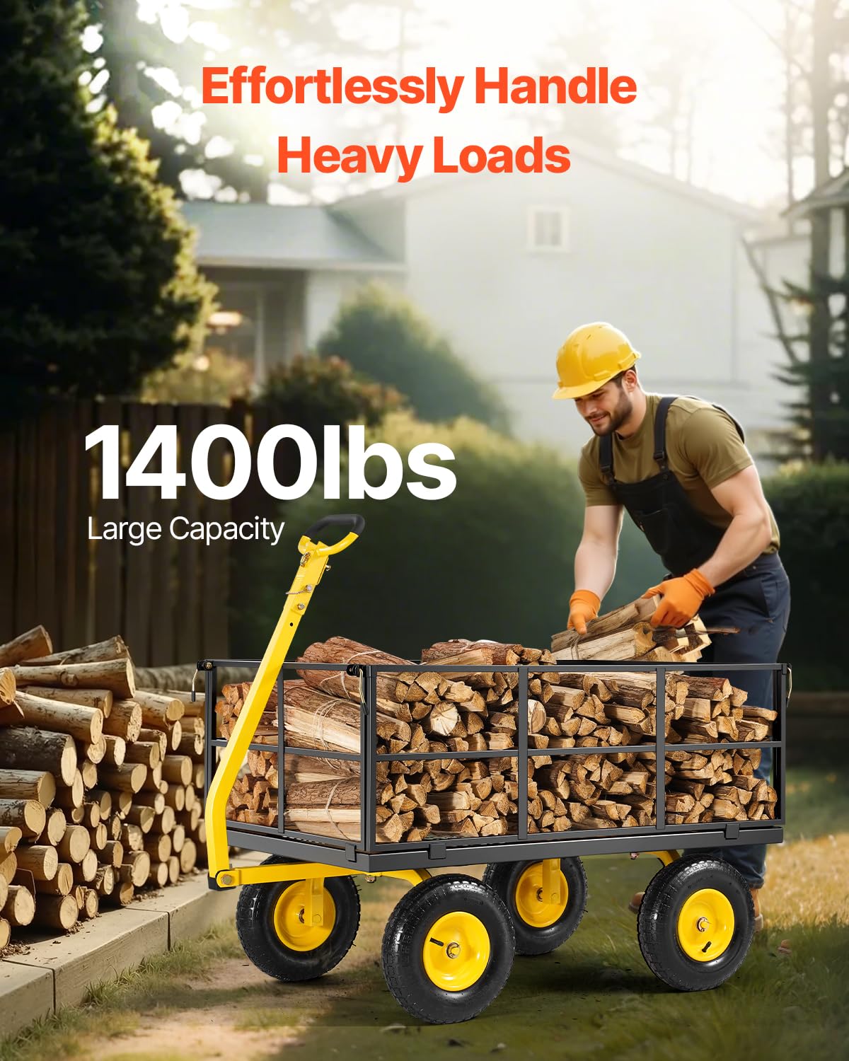 VEVOR Tuintransportwagen, draagvermogen 900 lb (ca. 408 kg), robuuste metalen transportwagen voor buiten met 254 mm banden, verstelbare en afneembare gaaswanden, 180° draaibare handgreep, geelzwart 