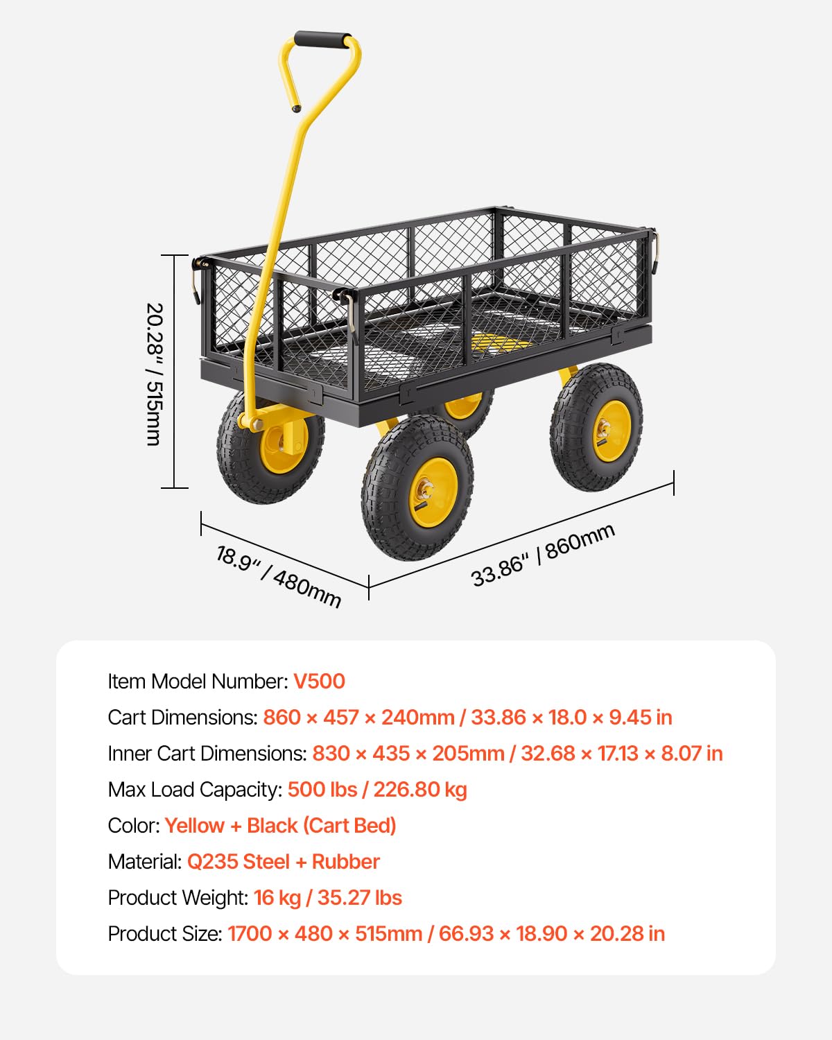 VEVOR Tuintransportwagen, draagvermogen 900 lb (ca. 408 kg), robuuste metalen transportwagen voor buiten met 254 mm banden, verstelbare en afneembare gaaswanden, 180° draaibare handgreep, geelzwart 