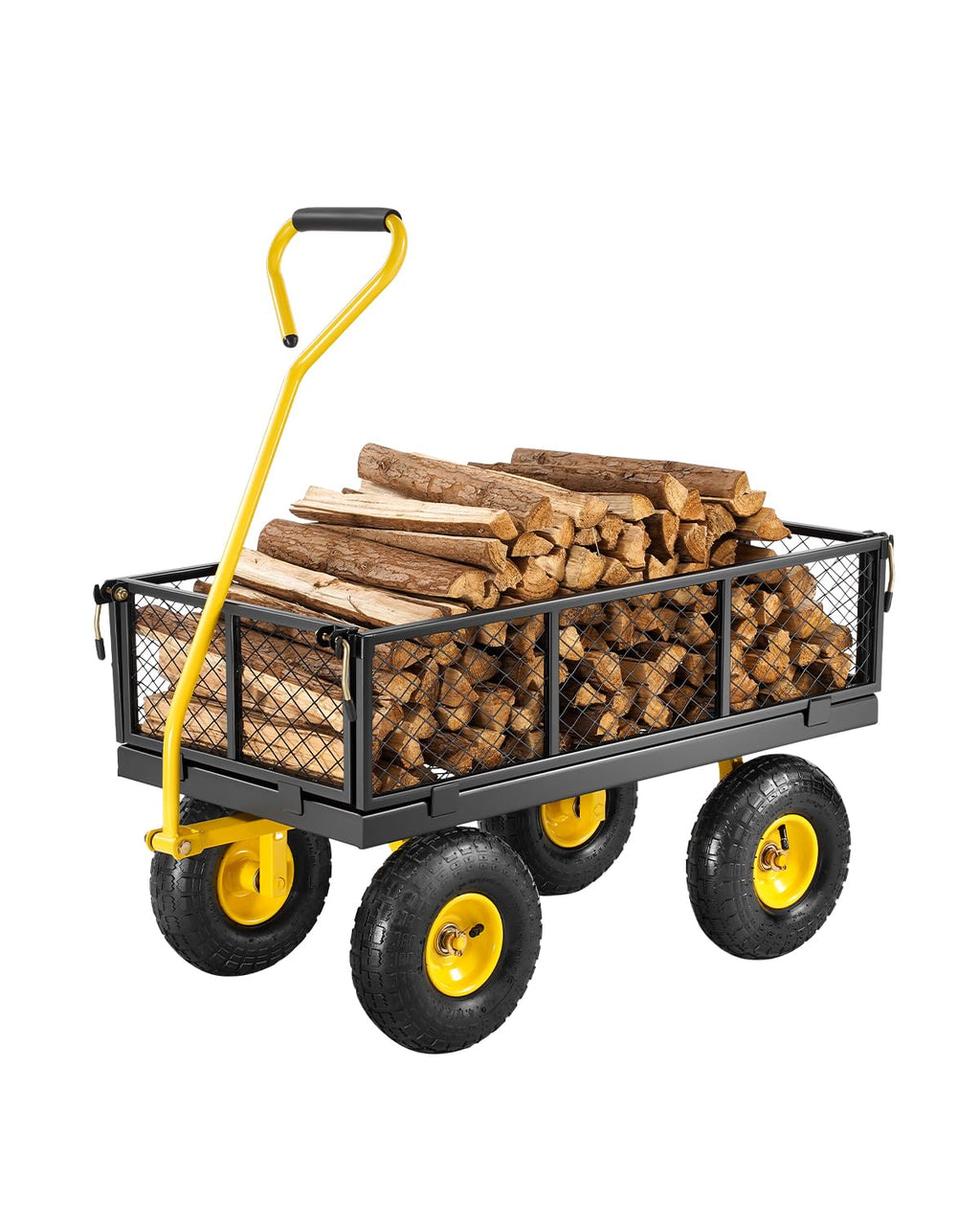 VEVOR Tuintransportwagen, draagvermogen 900 lb (ca. 408 kg), robuuste metalen transportwagen voor buiten met 254 mm banden, verstelbare en afneembare gaaswanden, 180° draaibare handgreep, geelzwart 
