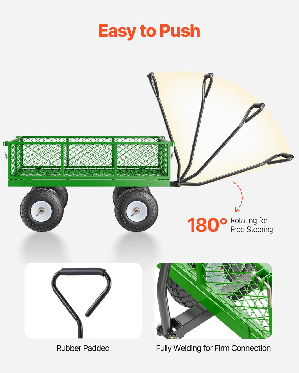 VEVOR Tuintransportwagen, draagvermogen 900 lb (ca. 408 kg), robuuste metalen transportwagen voor buiten met 254 mm banden, verstelbare en afneembare gaaswanden, 180° draaibare handgreep, geelzwart 