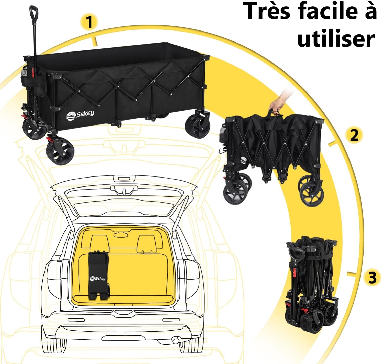 Sekey XXXL opvouwbare transporttrolley met remmen 300L 200 kg, strand- en tuintrolley met extra grote wielen 17 x 10 cm, gepatenteerd opvouwbaar in vier richtingen SE4013, diepzwart 