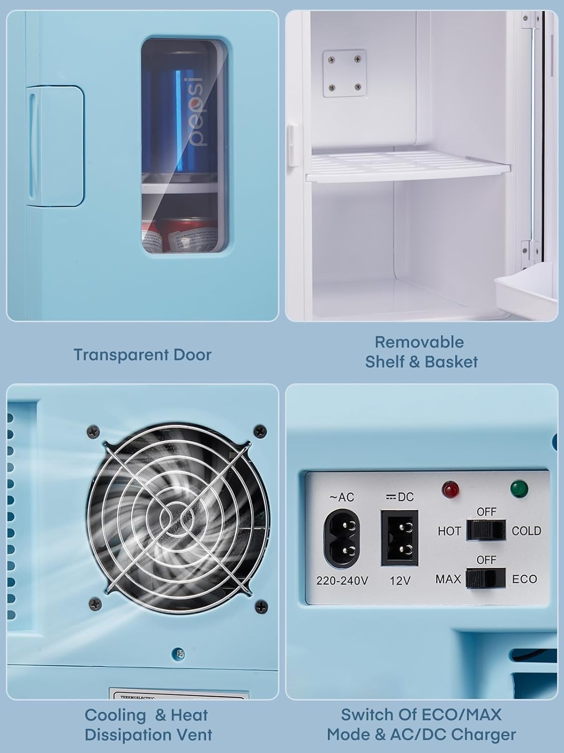 Mini réfrigérateur FOHERE 15 L/21 canettes, petit réfrigérateur portable 240 V/12 V, mode silencieux, fonction chaud/froid, cosmétique noir