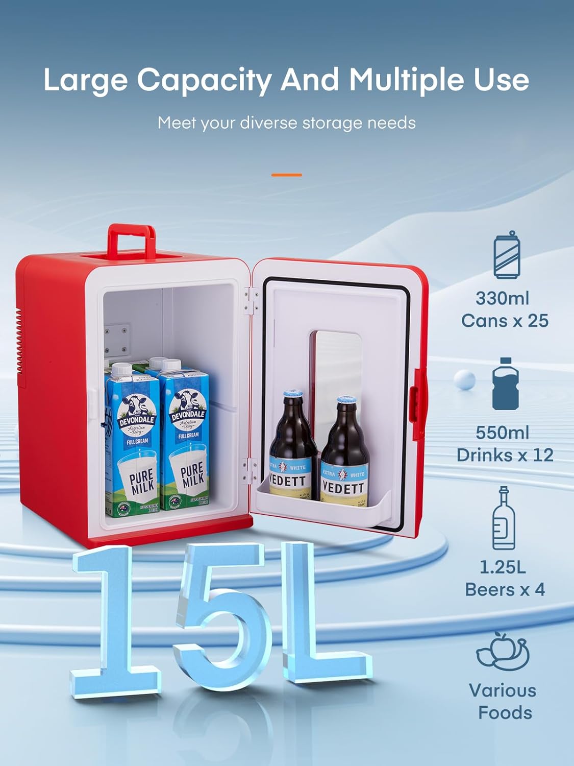 Mini réfrigérateur FOHERE 15 L/21 canettes, petit réfrigérateur portable 240 V/12 V, mode silencieux, fonction chaud/froid, cosmétique noir