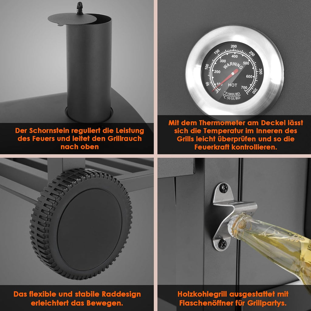 Barbecue Charbon de Bois, Chariot à Barbecue XXL, Grand Barbecue au Charbon de Bois, Grill à Charbon avec Couvercle, 2 Tables d'Appoint, Roues et Thermomètre, BBQ Fumoir, Barbecue de Jardin, Gris
