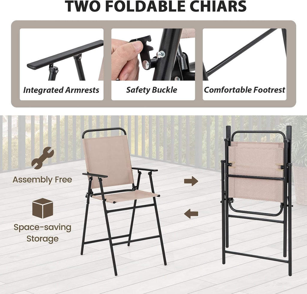 Ensemble bistrot KOMFOTTEU, salon de jardin avec parasol, table avec trou pour parasol, 2 chaises pliantes, ensemble table et chaises de patio, mobilier d'extérieur pour balcon
