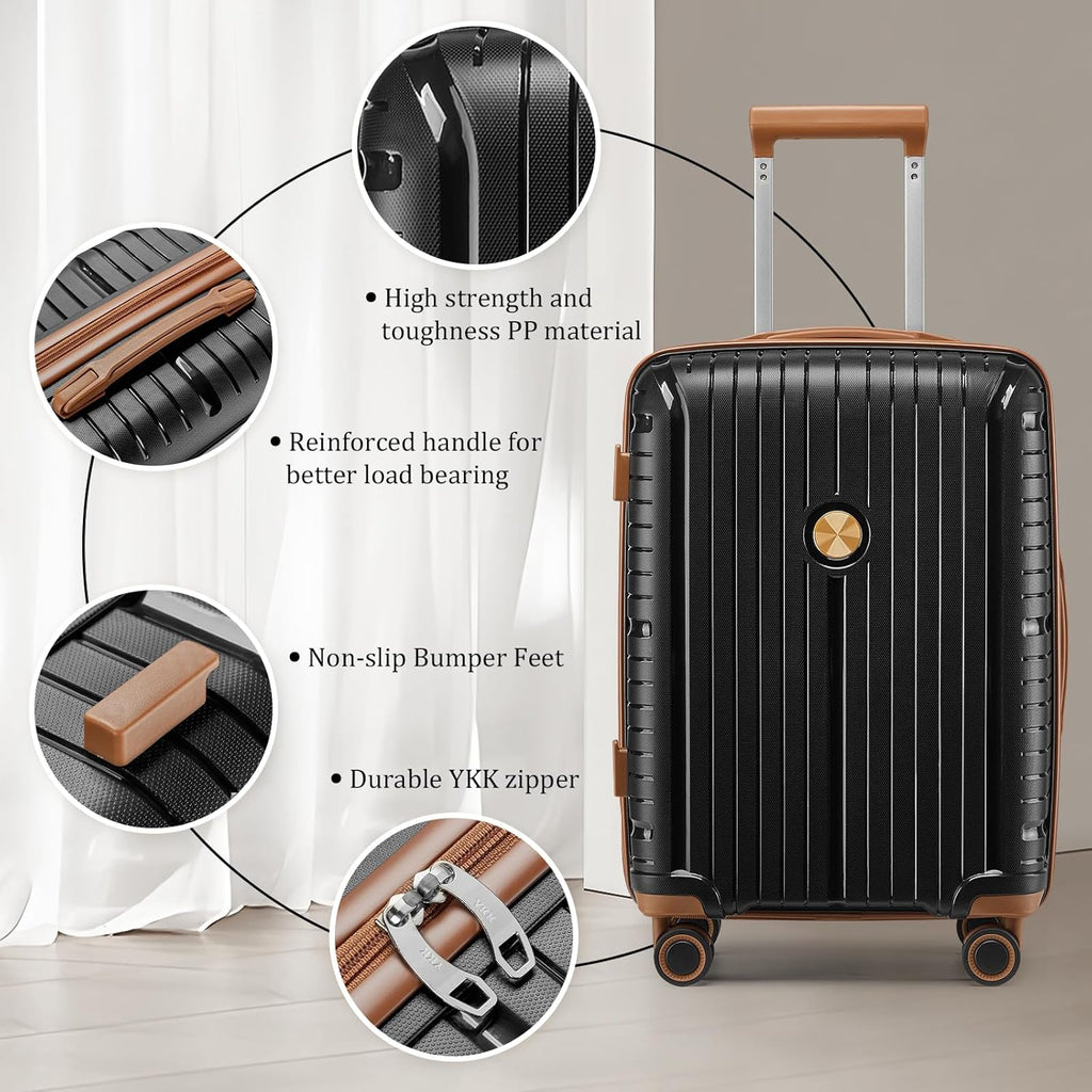 Ensemble de 5 valises de voyage légères à coque rigide en PP avec deux roulettes pivotantes et serrure TSA