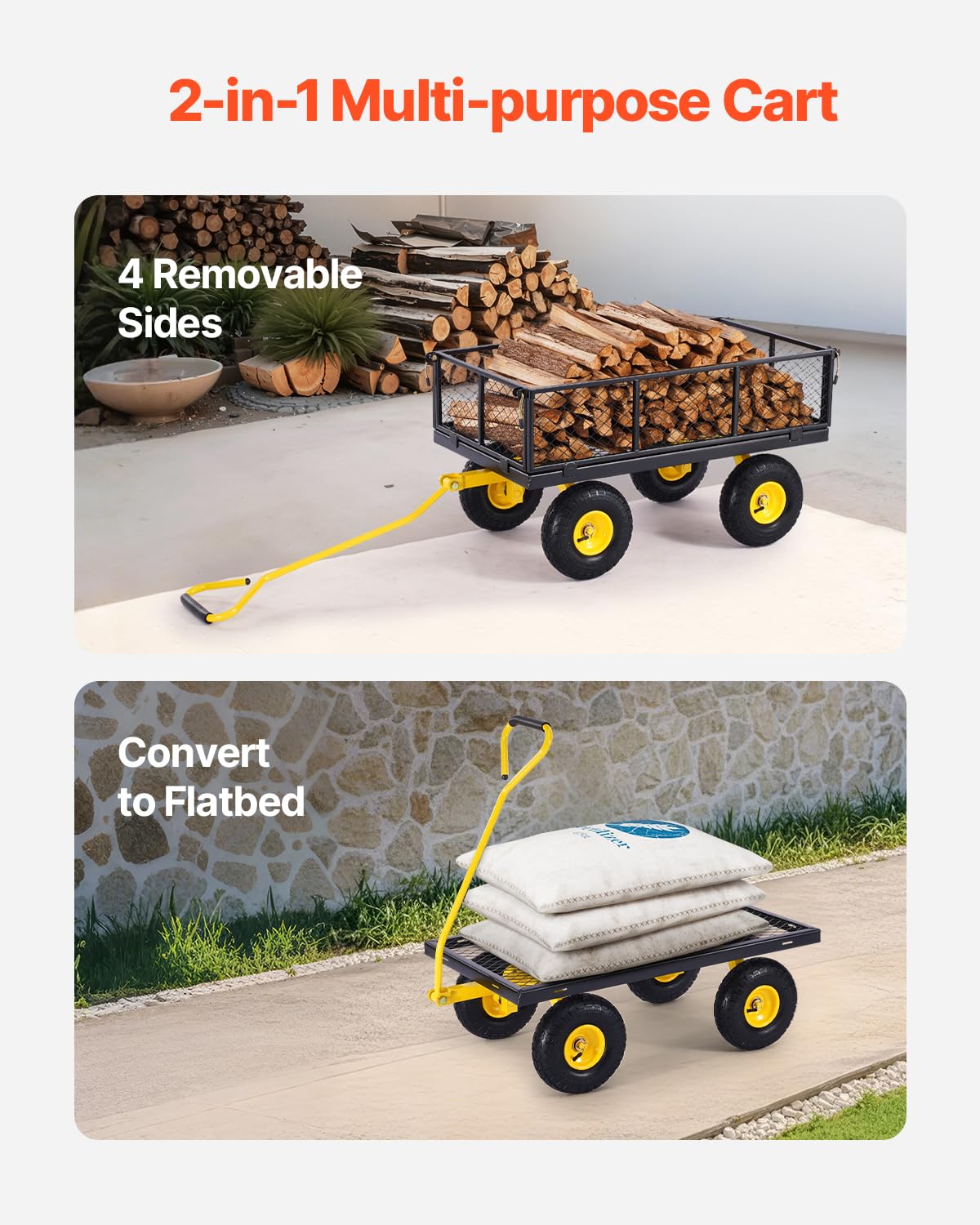 VEVOR Tuintransportwagen, draagvermogen 900 lb (ca. 408 kg), robuuste metalen transportwagen voor buiten met 254 mm banden, verstelbare en afneembare gaaswanden, 180° draaibare handgreep, geelzwart 