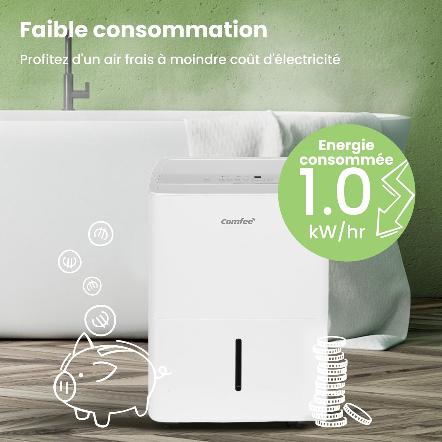 Déshumidificateur puissant COMFEE, absorbe jusqu'à 50 L/jour, sèche-linge, mode confort, grand réservoir de 6 L, minuterie 24 h, idéal pour les grandes pièces de 101 à 116 ㎡, MDDPE-50DEN7, cave, sous-sol