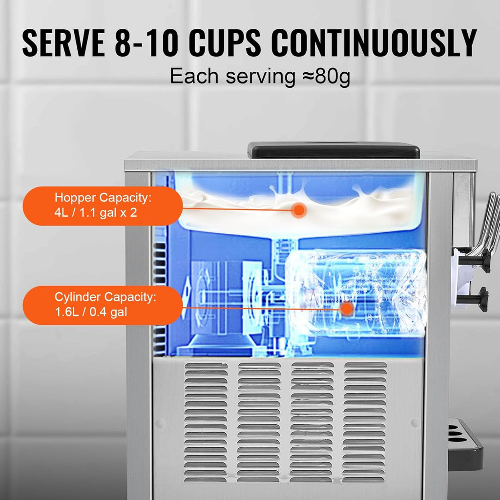 Machine à glace commerciale 20 l/h 1800 watts 3 parfums Machine à glace molle Trémie 2x4 l Pré-refroidissement Nettoyage automatique