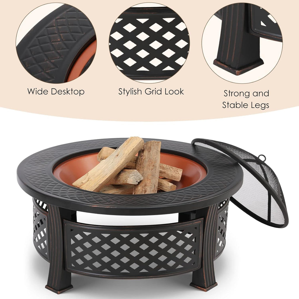 Foyer de barbecue extérieur avec protection, foyer de jardin 3 en 1 chauffé pour l'hiver