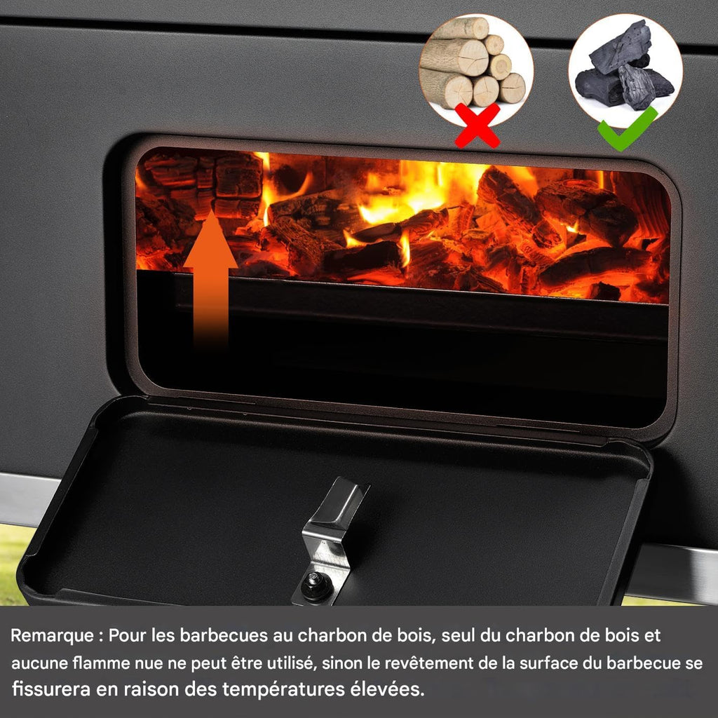 Barbecue Charbon de Bois, Chariot à Barbecue XXL, Grand Barbecue au Charbon de Bois, Grill à Charbon avec Couvercle, 2 Tables d'Appoint, Roues et Thermomètre, BBQ Fumoir, Barbecue de Jardin, Gris