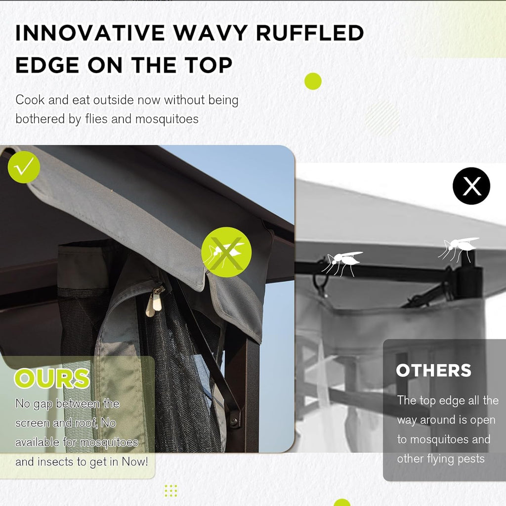 Tonnelle 10x12 avec écran, tonnelle d'extérieur en métal robuste, tente à auvent à cadre robuste avec double toit gonflable, tonnelle de patio coupe-vent et imperméable