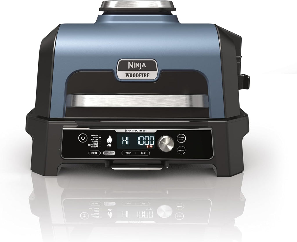 Ninja Woodfire elektrische grill, grill, rookoven en airfryer, 7-in-1 buitenbarbecue, grillen, airfryer, roken, braden, oven, weerbestendig, antiaanbaklaag, draagbaar, grijs/zwart OG701EU 
