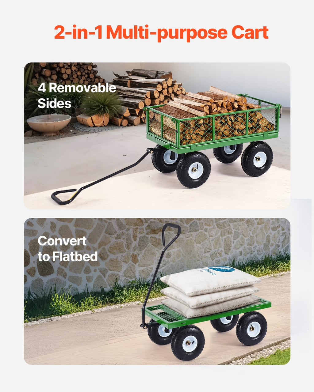 VEVOR Tuintransportwagen, draagvermogen 900 lb (ca. 408 kg), robuuste metalen transportwagen voor buiten met 254 mm banden, verstelbare en afneembare gaaswanden, 180° draaibare handgreep, geelzwart 