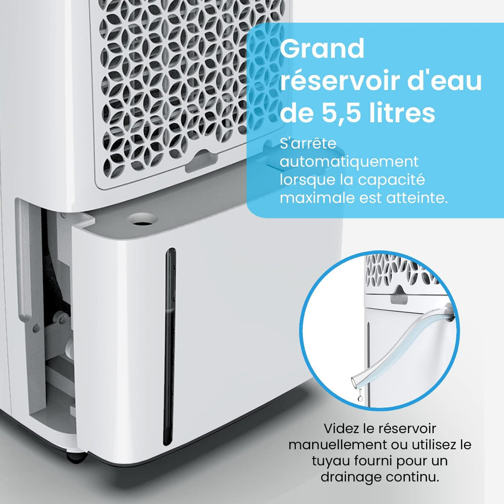 Déshumidificateur à compresseur 20 litres par jour 4 modes Séchoir Vidange continue Minuterie 24 heures Grand réservoir d'eau de 5,5 litres Résistant à l'humidité Résistant à la moisissure