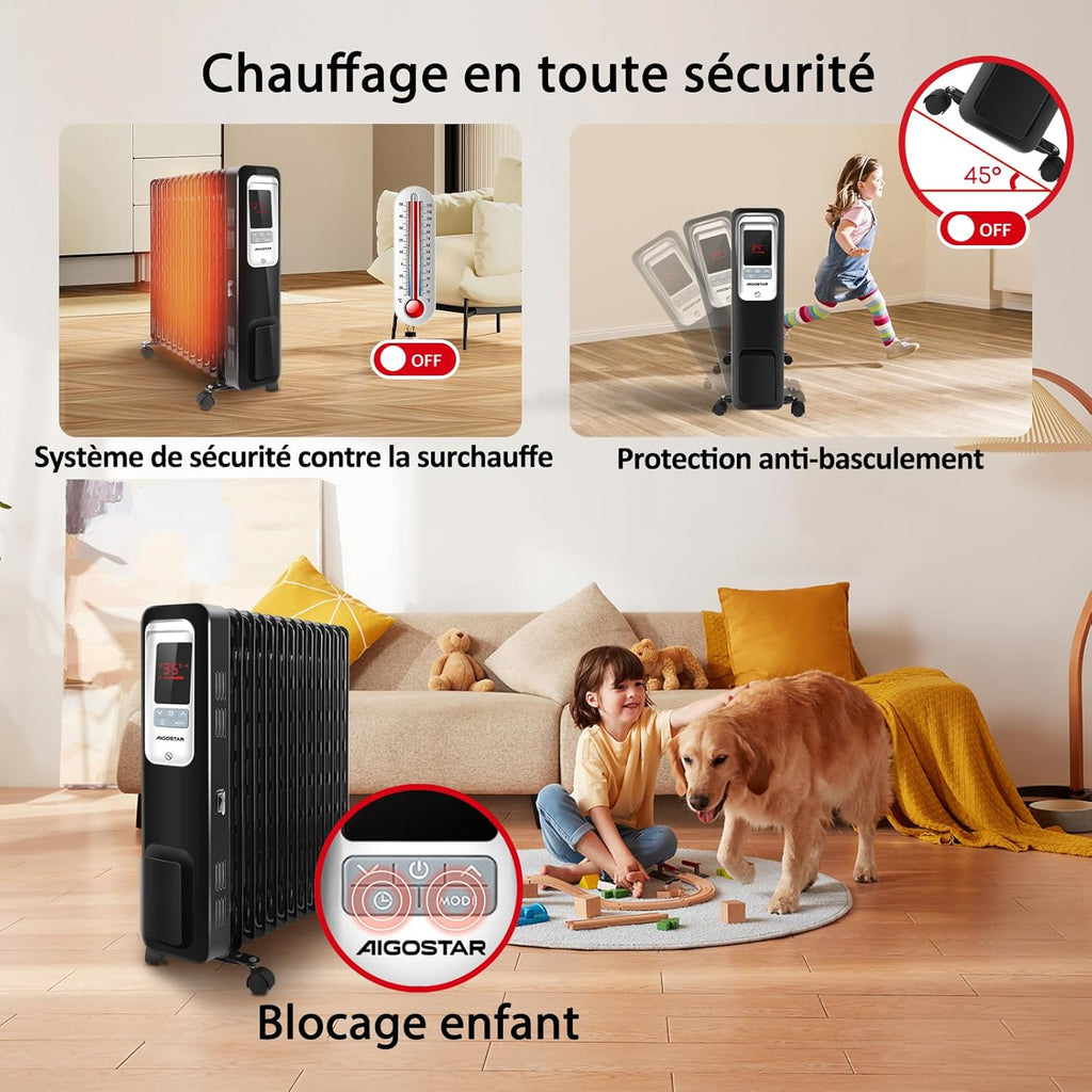 Aigostar Oil Monster Chauffage à huile 2500 W, 13 éléments chauffants