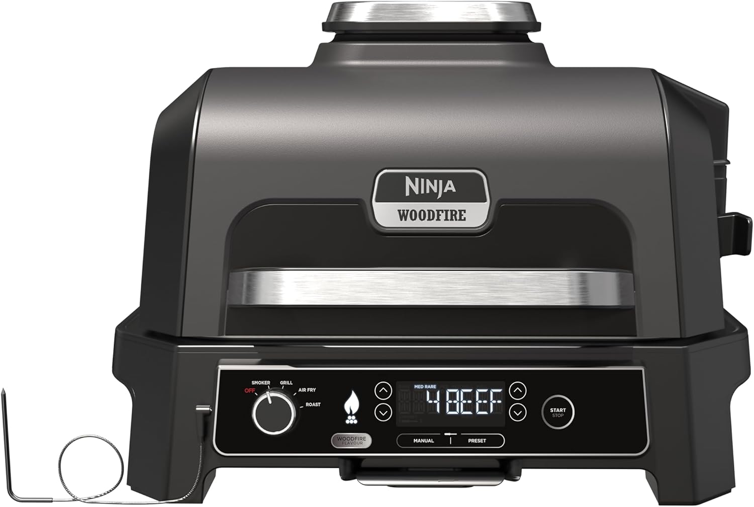 Ninja Woodfire elektrische grill, grill, rookoven en airfryer, 7-in-1 buitenbarbecue, grillen, airfryer, roken, braden, oven, weerbestendig, antiaanbaklaag, draagbaar, grijs/zwart OG701EU 