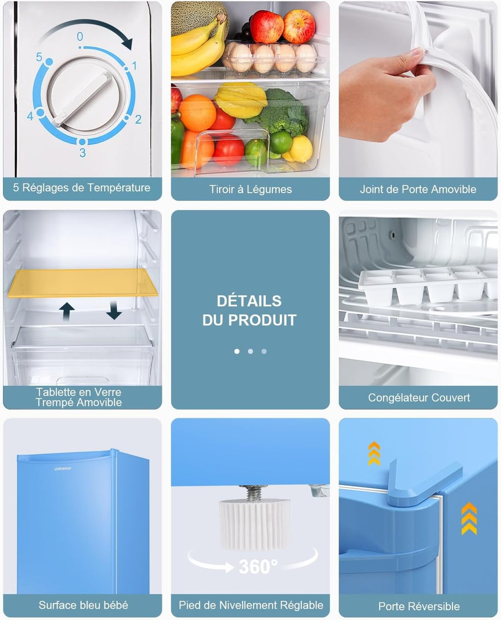 Mini réfrigérateur avec compartiment congélateur, bac à légumes 91L, thermostat réglable, silencieux