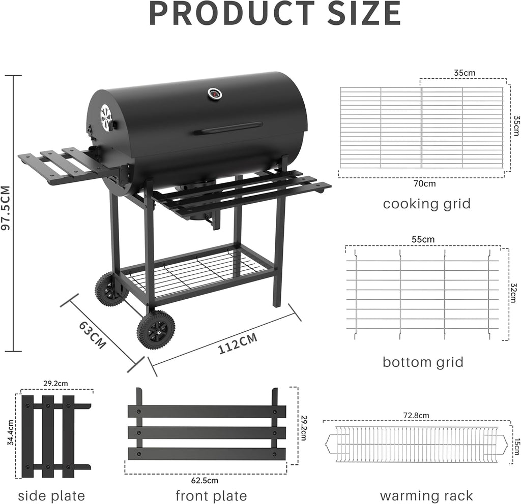 TEENO Houtskoolbarbecue, XXL kookrooster, anti-verbrandingshandschoenen, thermometer, aslade, verstelbare ventilatieopening, grote houtskoolbarbecue (basismodel) 