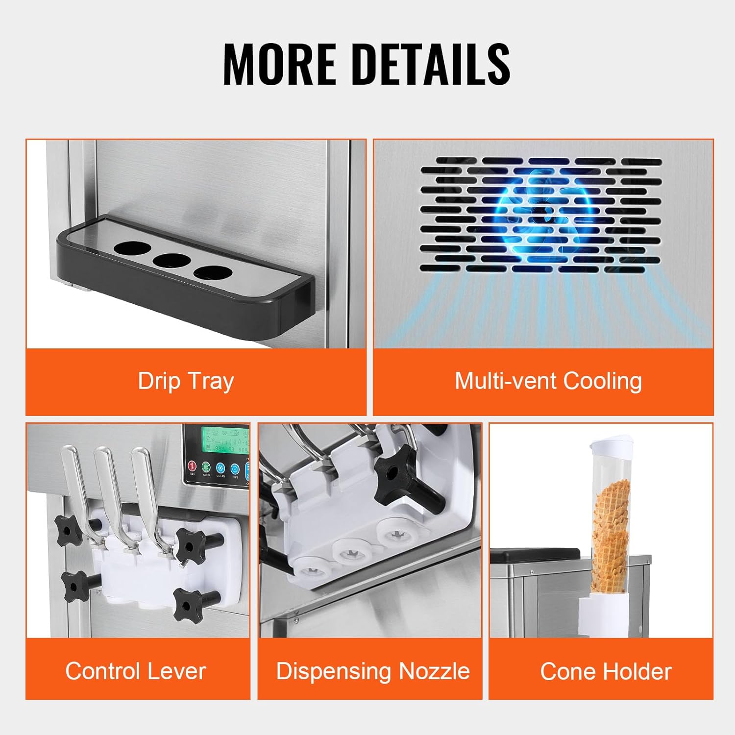 Machine à glace commerciale 20 l/h 1800 watts 3 parfums Machine à glace molle Trémie 2x4 l Pré-refroidissement Nettoyage automatique