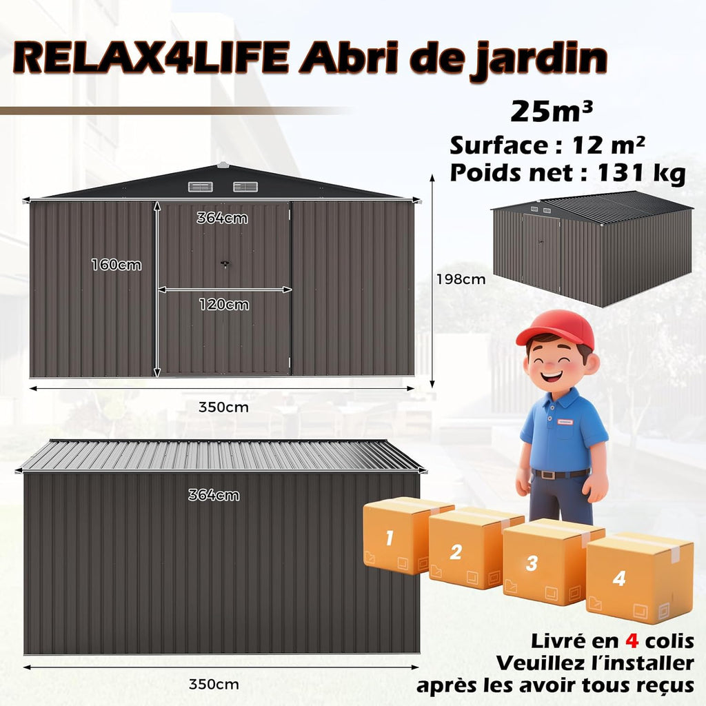 RELAX4LIFE Abri de Jardin en Métal 350x223x197cm, Cabane de Stockage 15m3 8m2 avec 2 Portes, Toit Incliné, Fenêtre de Ventilation pour Vélo Tondeuse, Organisateur Extérieur pour Jardin Patio (15m³)