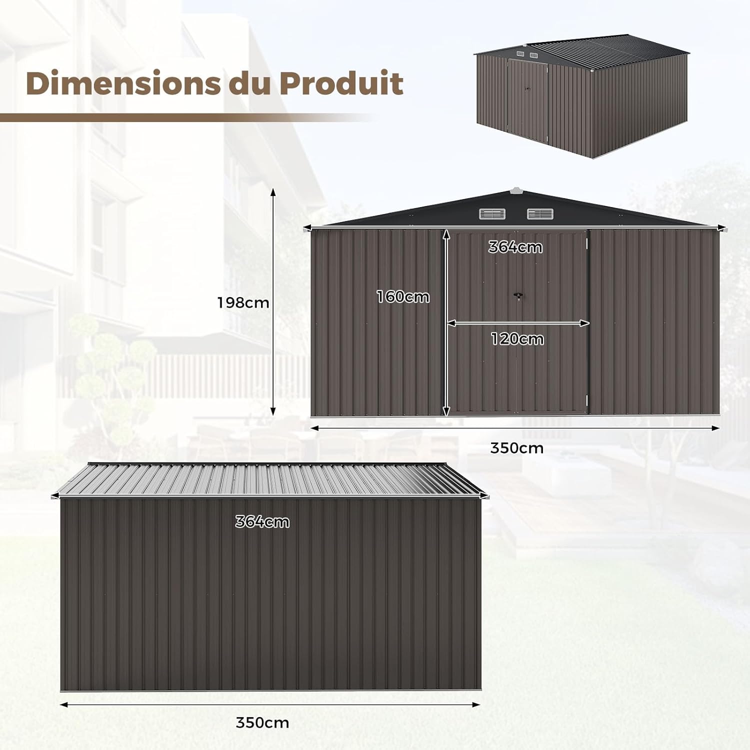Abri de jardin en métal Costway, 7,8 m², toit à double pente, porte double verrouillable avec clé, 4 aérations, abri de jardin extérieur pour vélo, poubelle, outils, anthracite (7,8 m²)