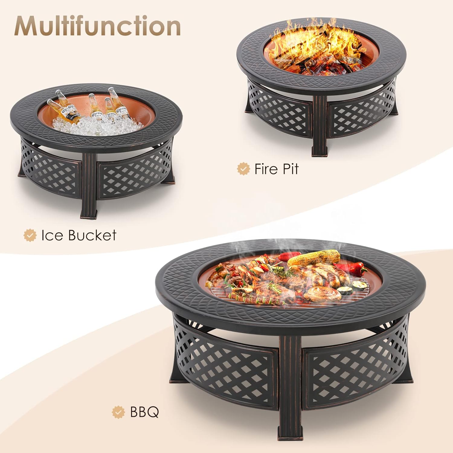 Foyer de barbecue extérieur avec protection, foyer de jardin 3 en 1 chauffé pour l'hiver