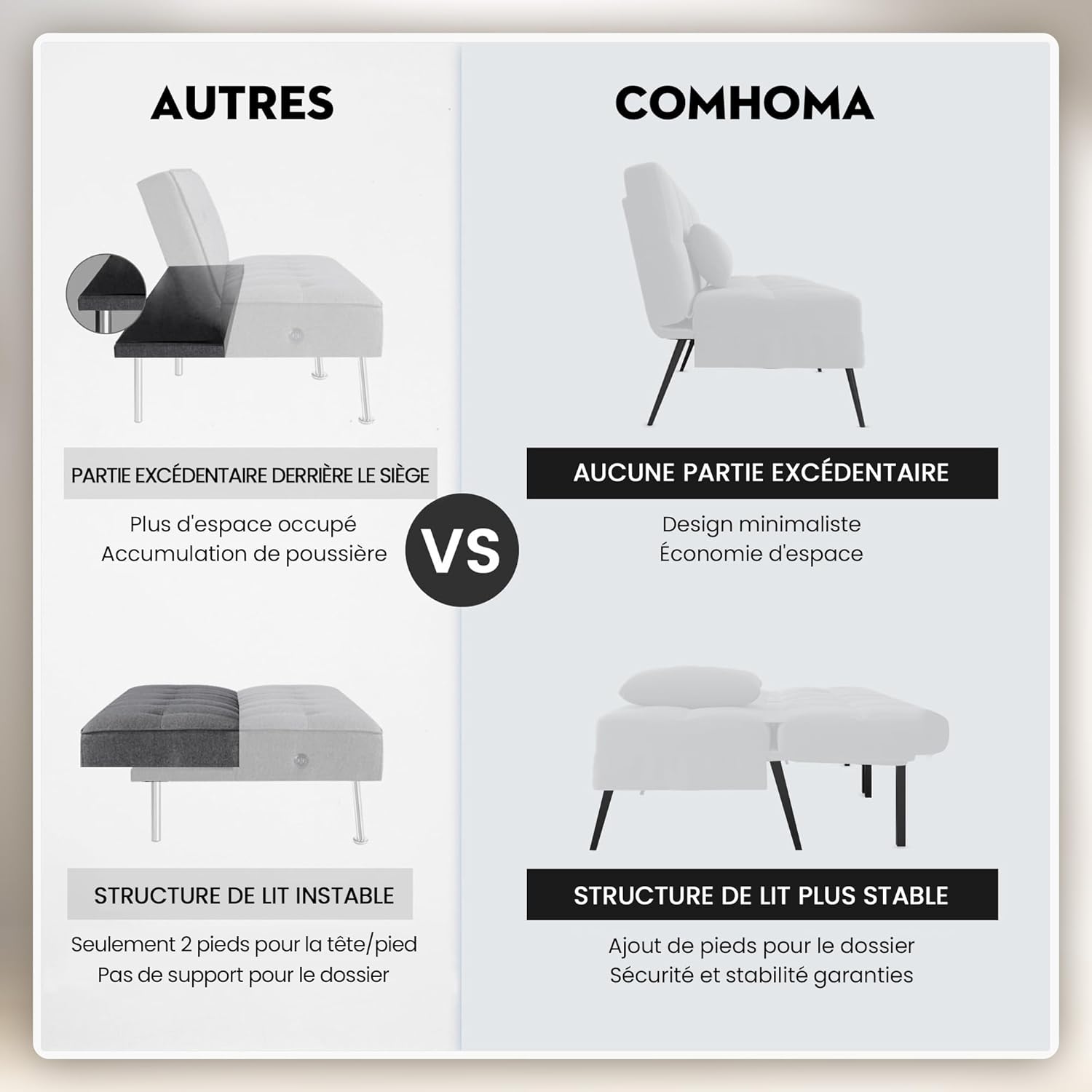 COMHOMA Slaapbank met slaapfunctie - Omvormbare futonhoes - Hoekbank - 3-zits gastenbank - met verstelbare stoffen rugleuning - Grijs 