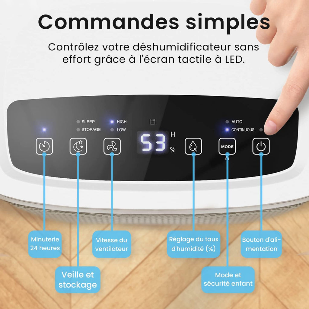 Déshumidificateur d'air silencieux 12L/jour - Absorbeur d'humidité - 40dB Réservoir d'eau de 1,8L Drainage continu Minuterie 24 heures 3 modes - Idéal pour prévenir l'humidité et la moisissure