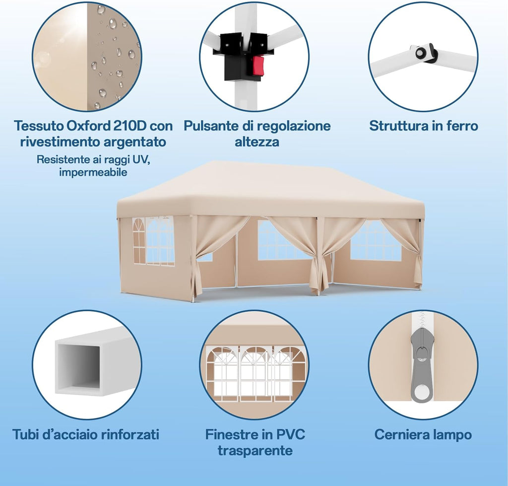 Gazebo pliant étanche JUMMICO, gazebo de jardin extérieur, gazebo pliant à hauteur réglable,