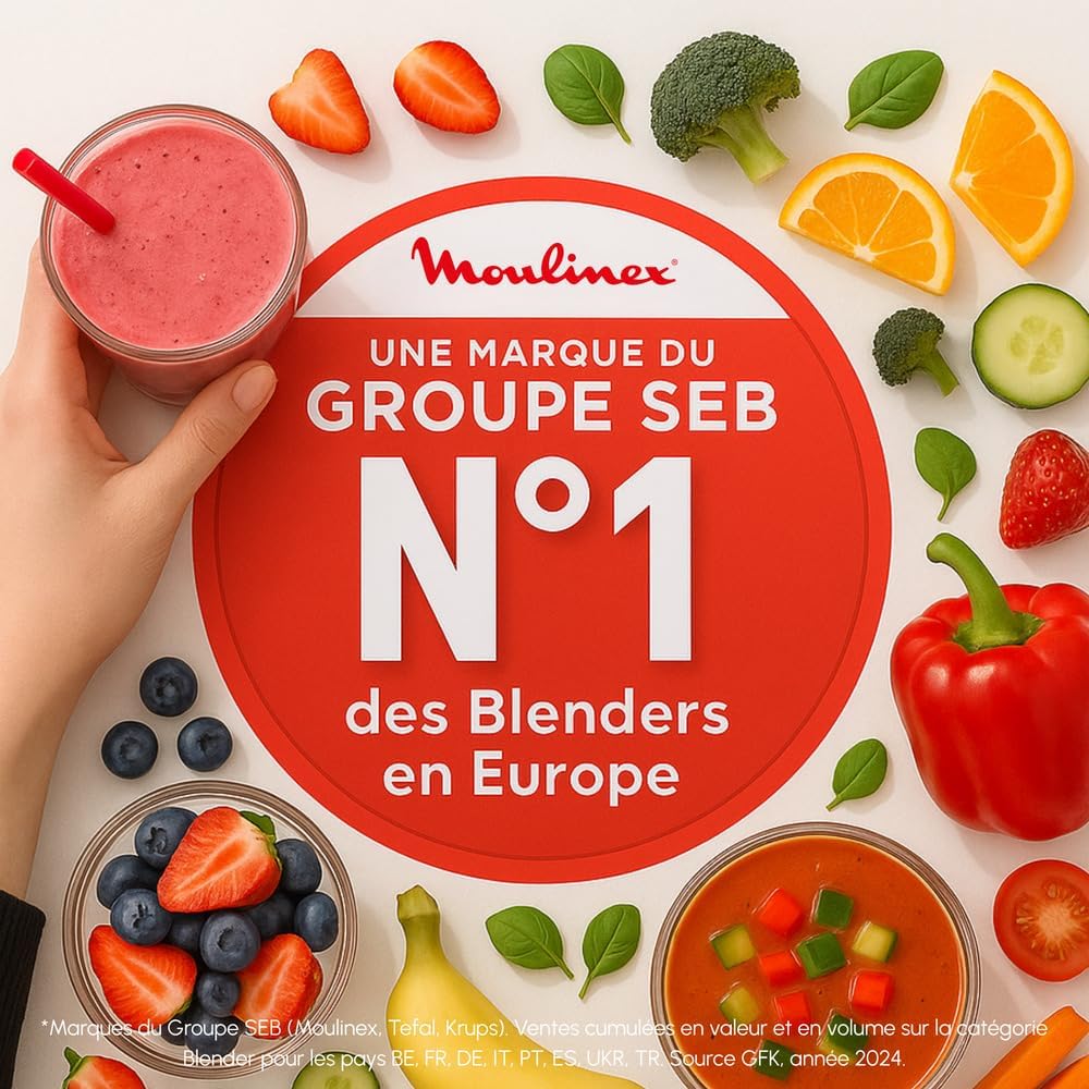 Moulinex blender, soepmaker, 1100 W, 2 liter kom, roestvrijstalen messen, 3 automatische programma's, handmatige modus, perfect mixen, soepen, smoothies, gemaakt in Frankrijk, Soup&amp;Plus LM924500 