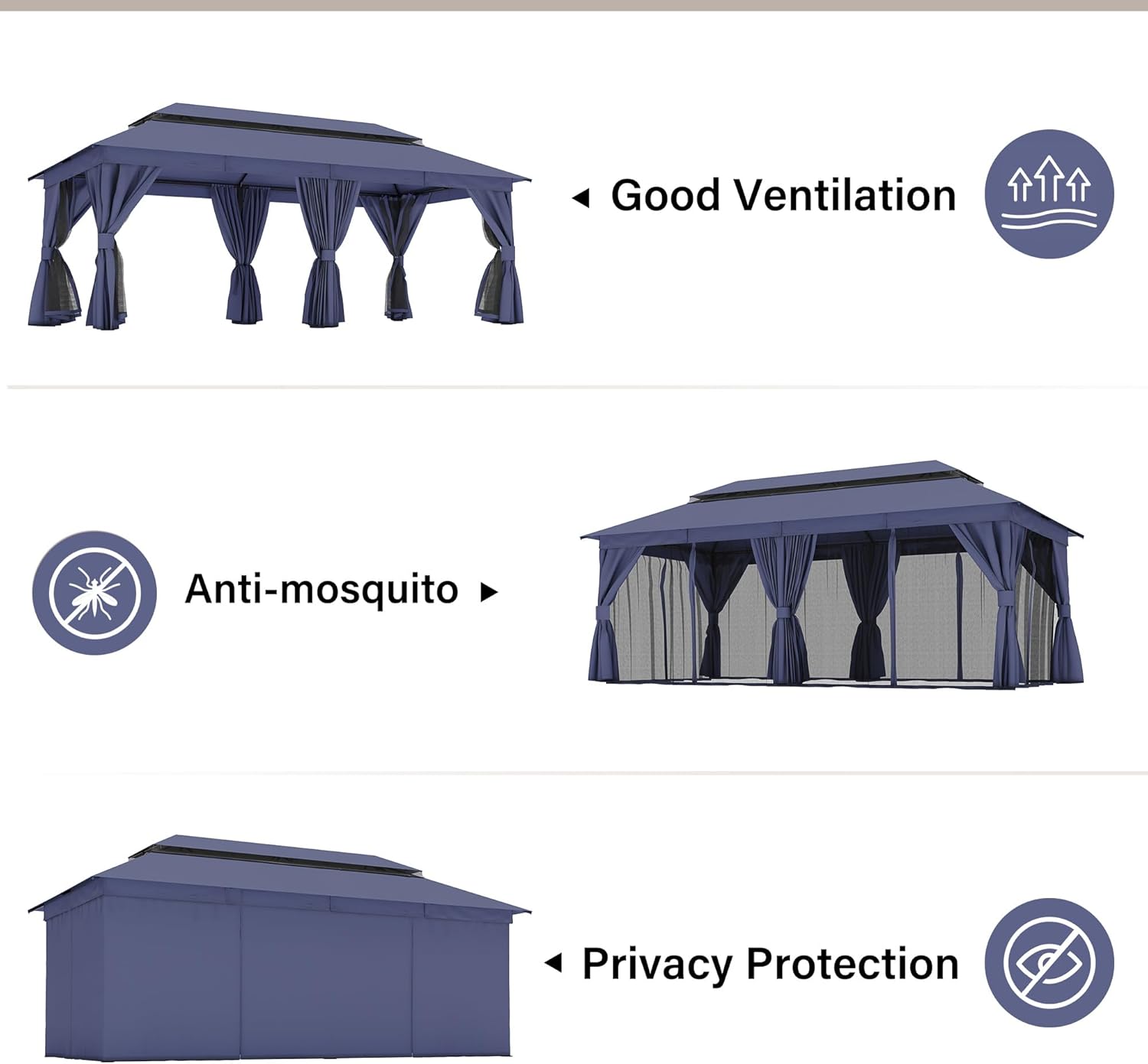 Tente pavillon d'extérieur améliorée à double toit, auvent imperméable UV50+ avec filet et crochets