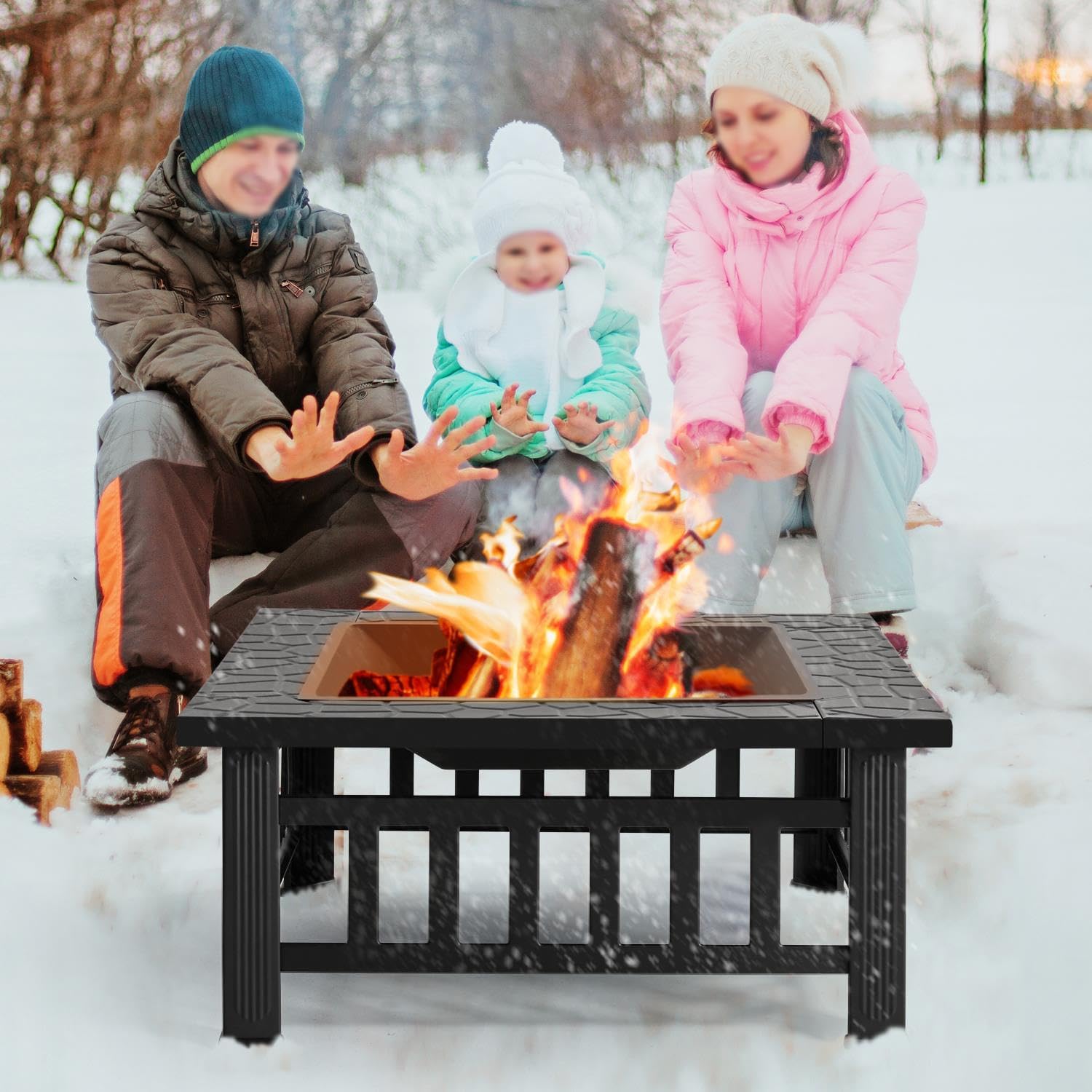 Yaheetech Outdoor 3-in-1 Vierkante Multifunctionele Vuurkorf 81 x 81 x 50 cm voor Terras, Balkon, Houtkachels met Pokergaasafdekking Zwart 