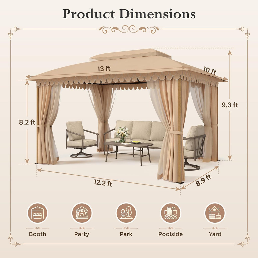 Gazebo 10 x 13, gazebo extérieur abrité, tente à auvent en métal robuste avec double toit et moustiquaire