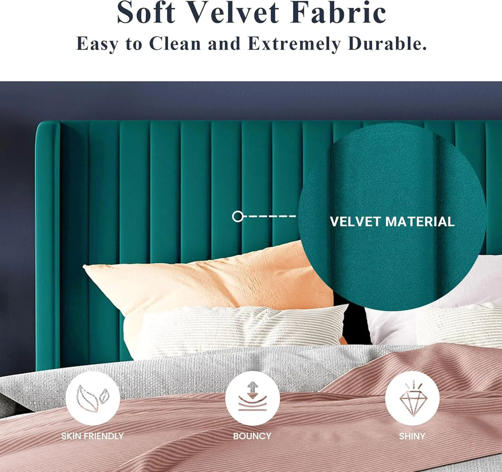Cadre de lit Allewie en velours pleine grandeur/tête de lit capitonnée à oreilles verticales/lit plateforme rembourré/lattes en bois robustes