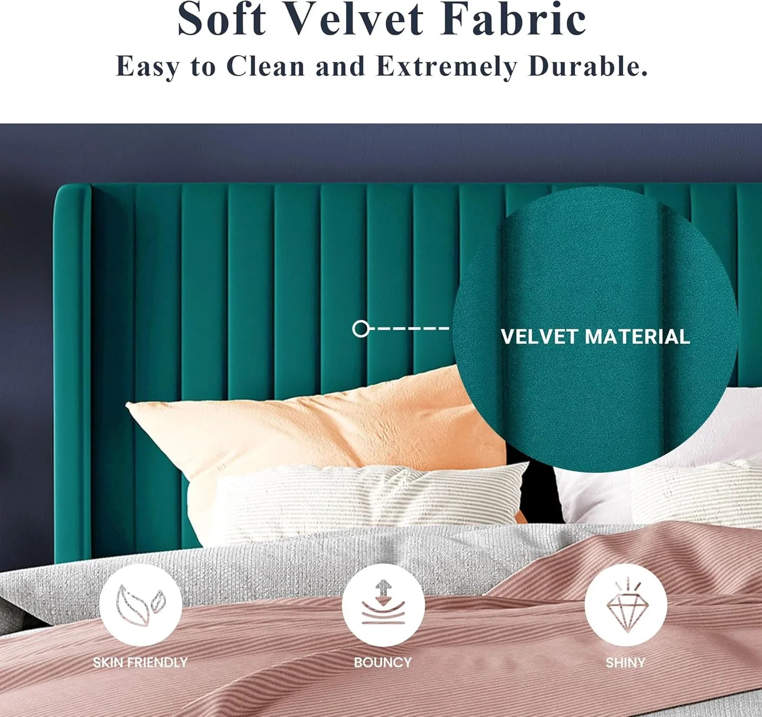 Cadre de lit Allewie en velours pleine grandeur/tête de lit capitonnée à oreilles verticales/lit plateforme rembourré/lattes en bois robustes