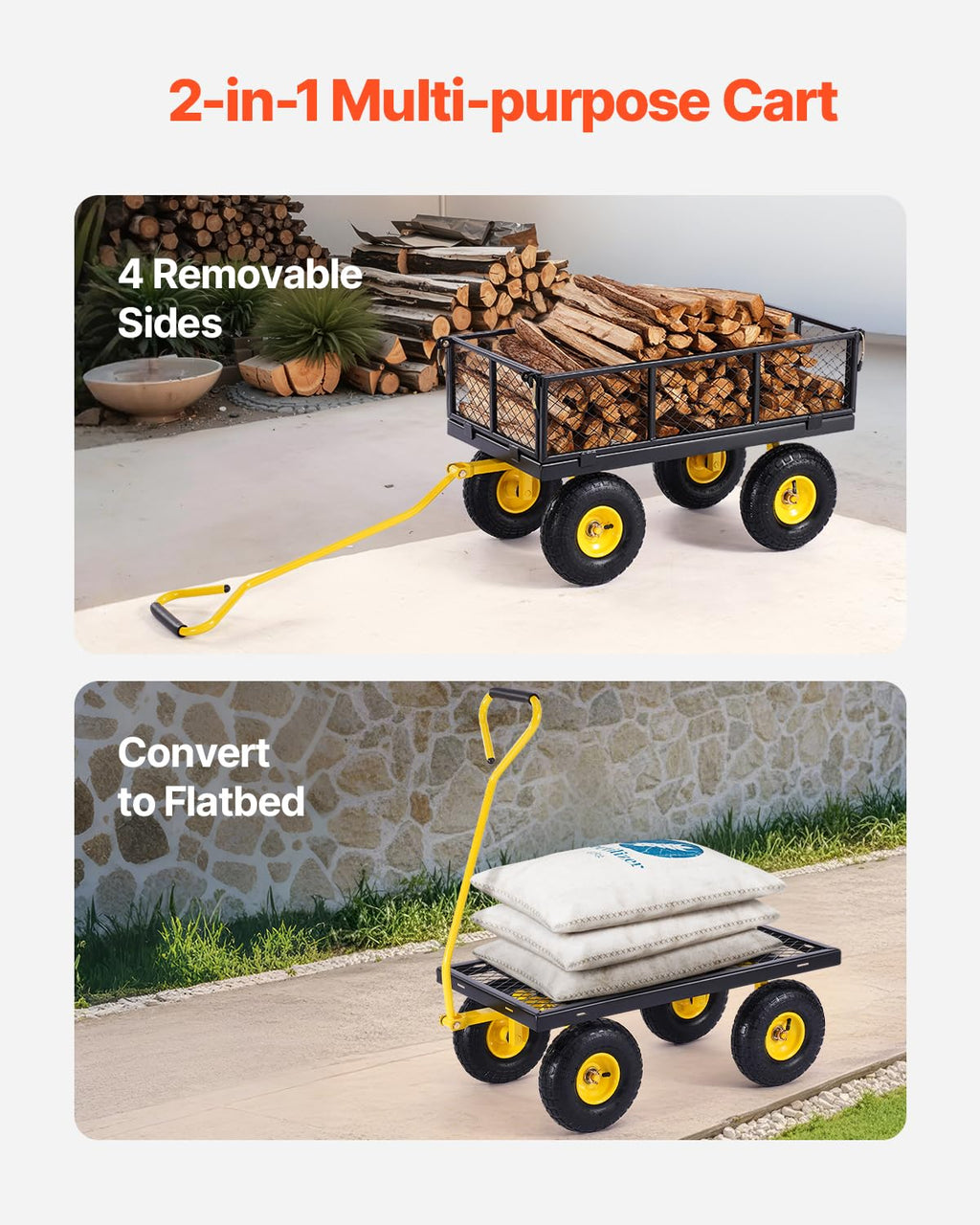 VEVOR Tuintransportwagen, draagvermogen 900 lb (ca. 408 kg), robuuste metalen transportwagen voor buiten met 254 mm banden, verstelbare en afneembare gaaswanden, 180° draaibare handgreep, geelzwart 