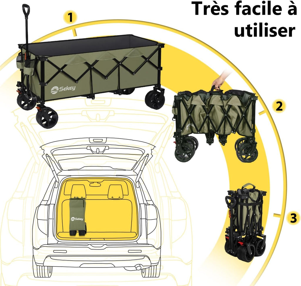Sekey XXXL opvouwbare transporttrolley met remmen 300L 200 kg, strand- en tuintrolley met extra grote wielen 17 x 10 cm, gepatenteerd opvouwbaar in vier richtingen SE4013, diepzwart 