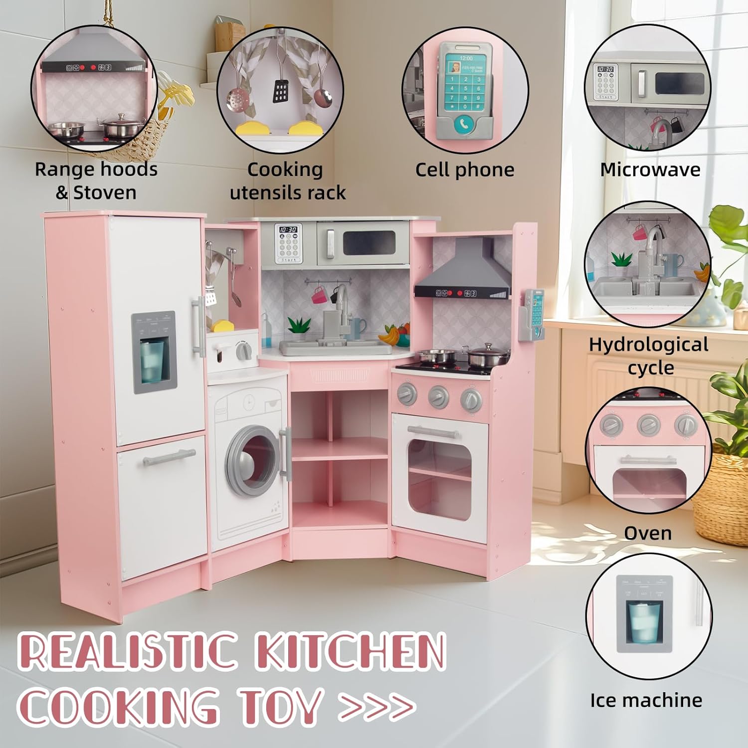 Cuisine enfant en bois rose avec évier, cuisinière et four, cuisine jouet en bois et accessoires pour enfants de 3 ans et plus (rose 2)