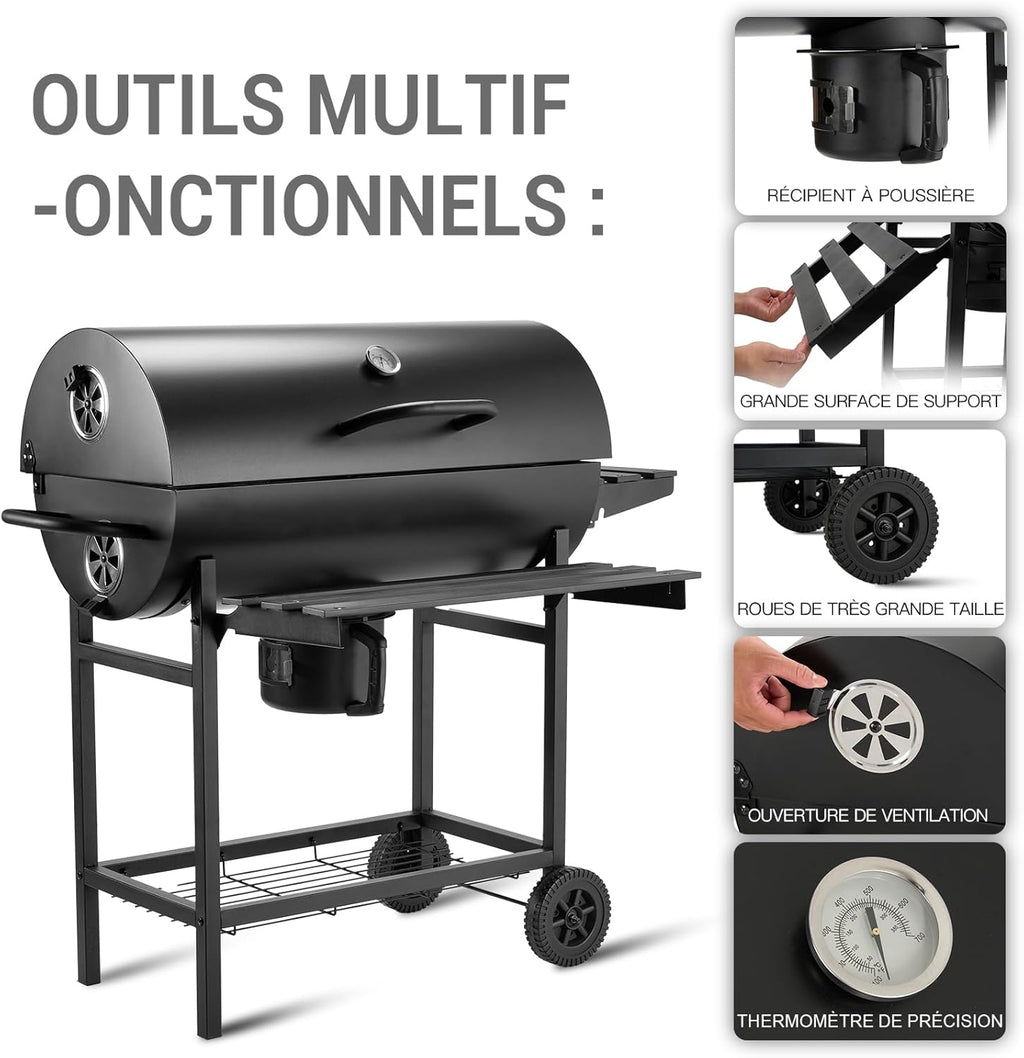 Barbecue au charbon de bois avec grille de cuisson XXL, gants anti-brûlures, thermomètre, tiroir à cendres, aérations réglables