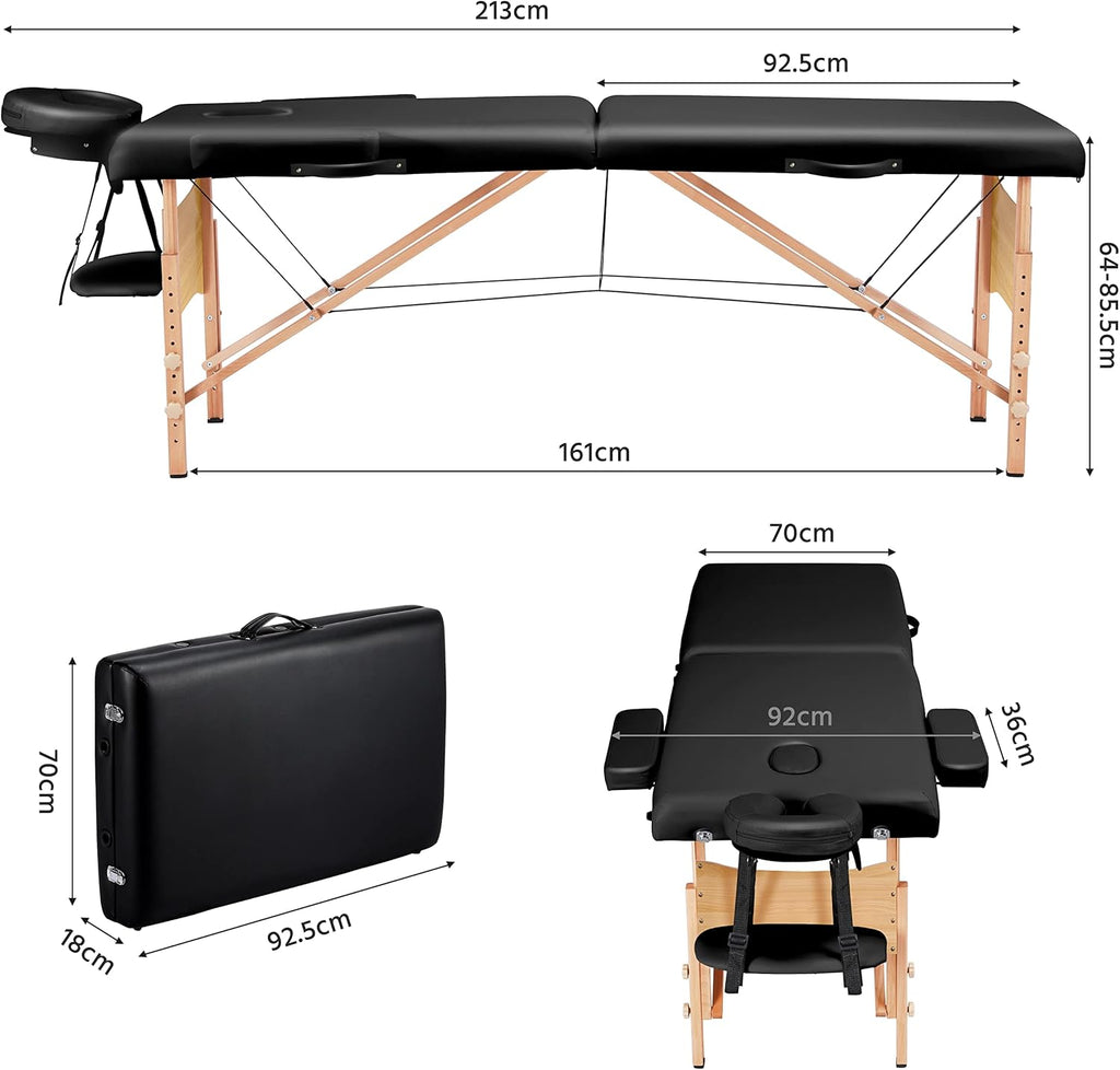 Yaheetech opklapbare massagetafel 70 cm, professioneel massagebed in 2 delen, massief houten tafelbank, cosmetische therapie, zwart 