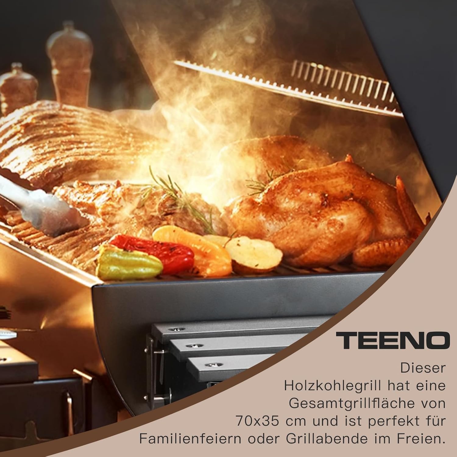 TEENO Houtskoolbarbecue, XXL kookrooster, anti-verbrandingshandschoenen, thermometer, aslade, verstelbare ventilatieopening, grote houtskoolbarbecue (basismodel) 