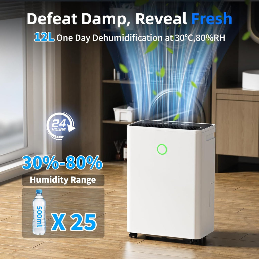 12L/Jour Deshumidificateur d Air - Contrôle Intelligent de l'humidité, Déshumidificateur d'air avec Minuterie 24H, Drainage Continu, Dégivrage Automatique, pour Grande Pièce Chambre Salle de Bain