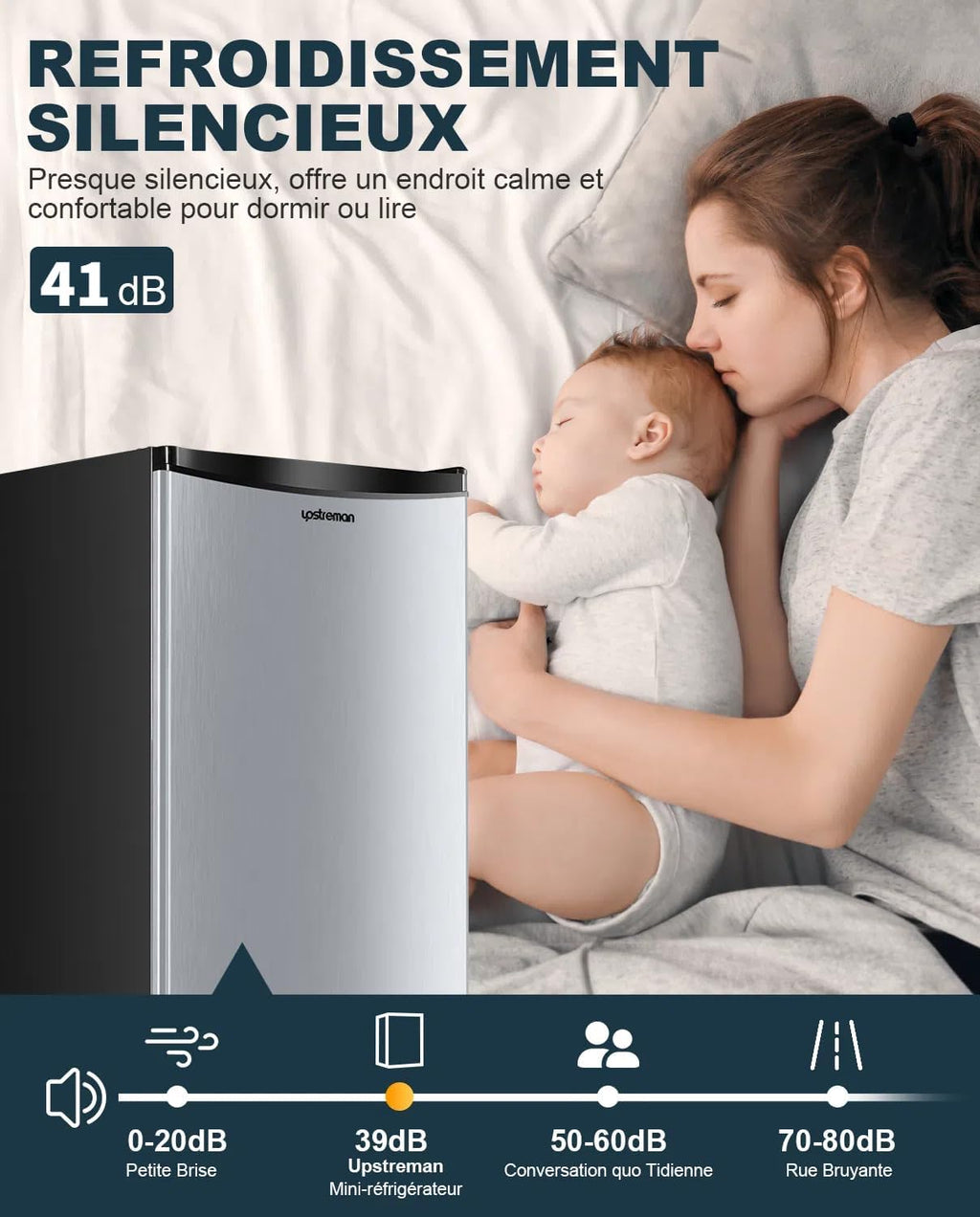 Mini réfrigérateur avec compartiment congélateur, bac à légumes 91L, thermostat réglable, silencieux