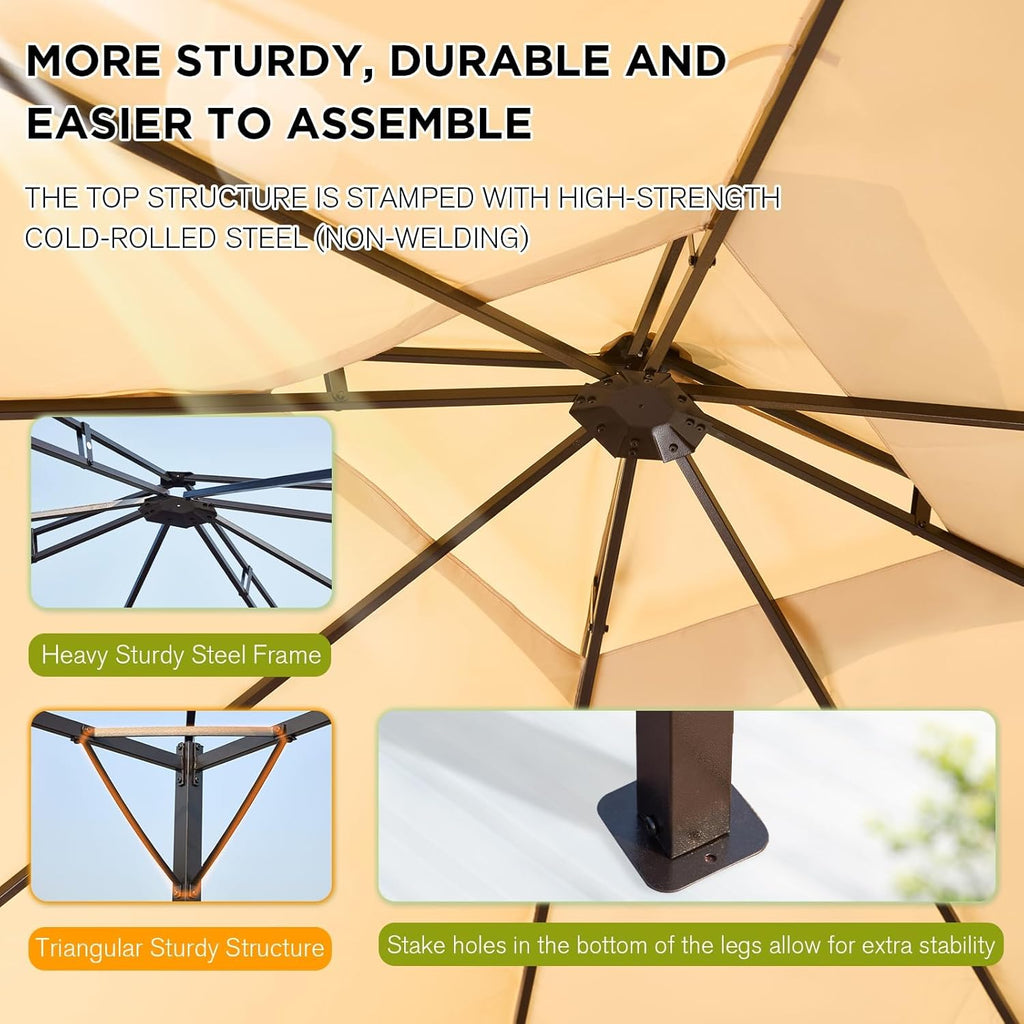 Tonnelle 10x12 avec écran, tonnelle d'extérieur en métal robuste, tente à auvent à cadre robuste avec double toit gonflable, tonnelle de patio coupe-vent et imperméable