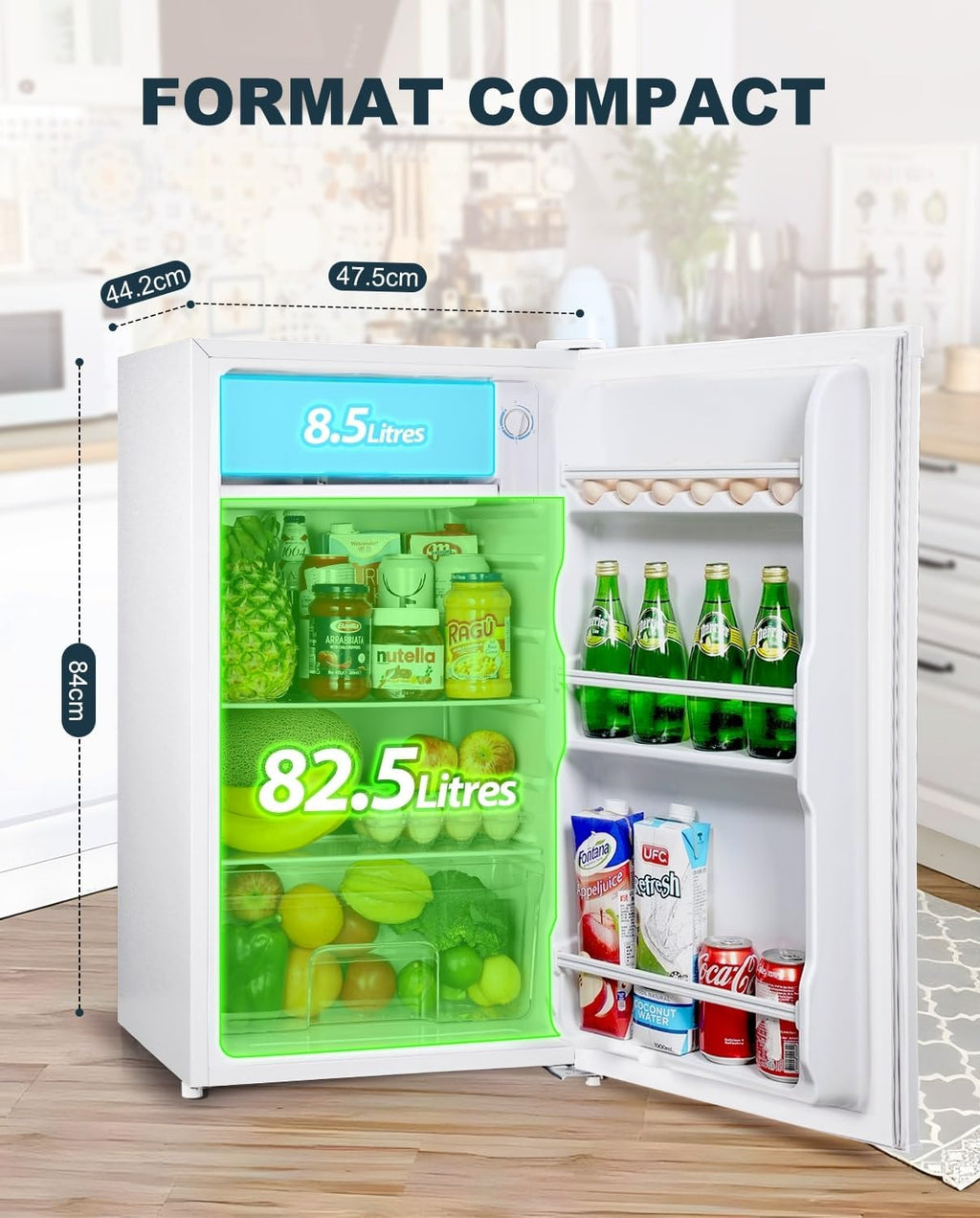 Mini réfrigérateur avec compartiment congélateur, bac à légumes 91L, thermostat réglable, silencieux