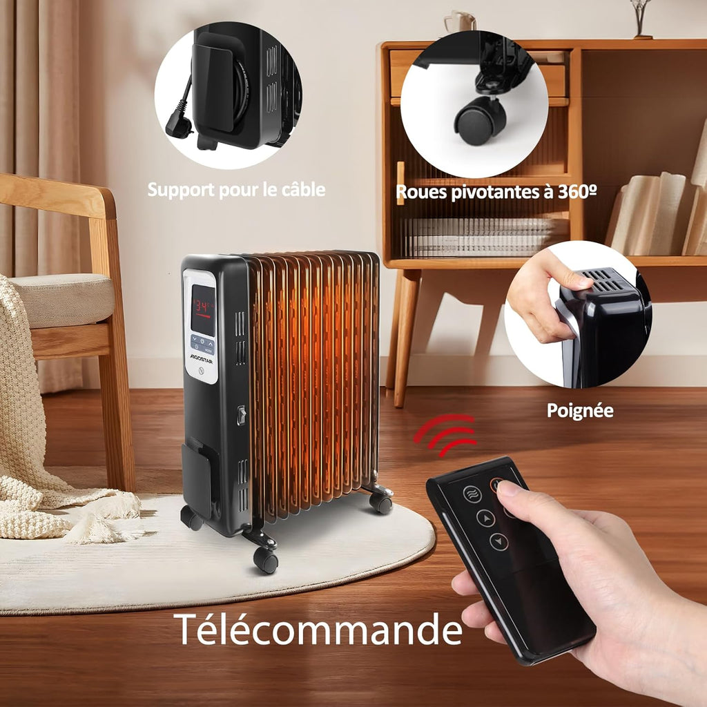 Aigostar Oil Monster Chauffage à huile 2500 W, 13 éléments chauffants