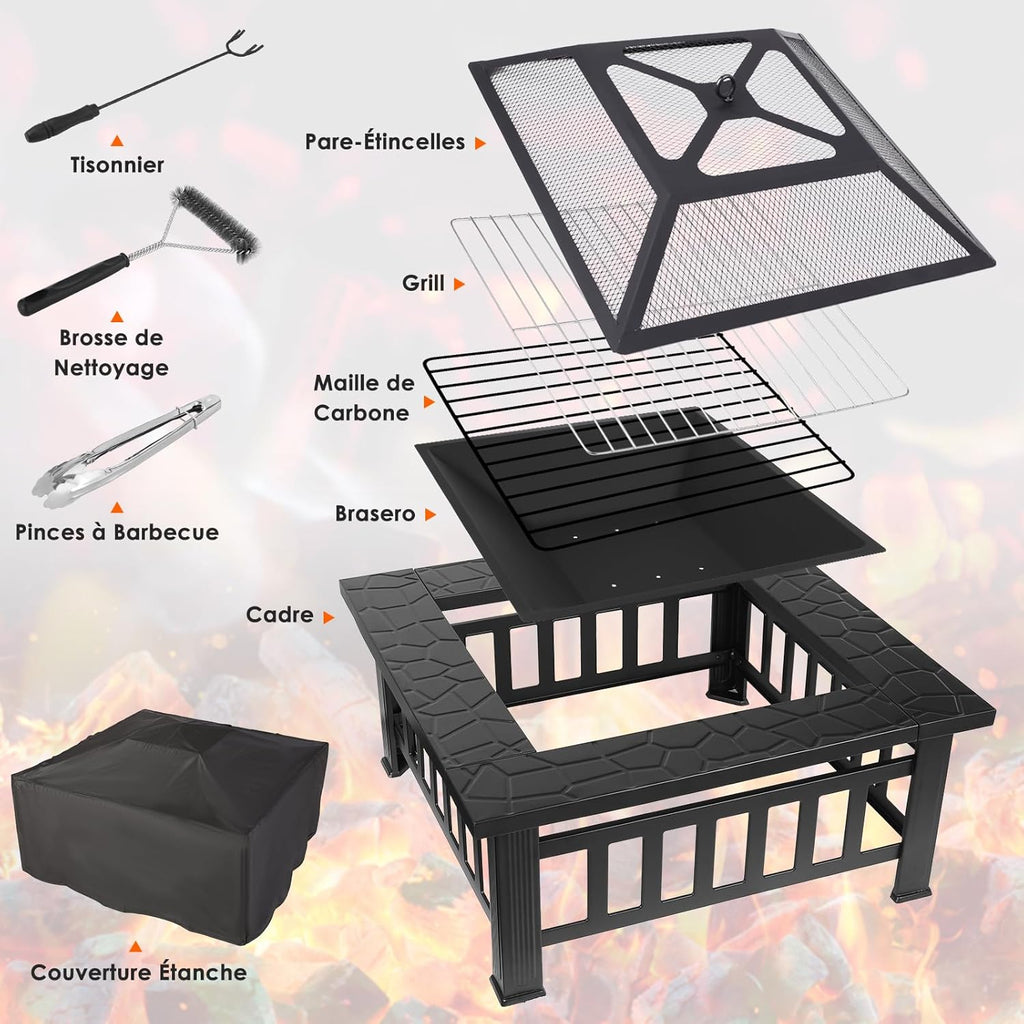 LIFERUN 32" BBQ-vuurkorf voor buiten, tuinvuurkorf, terrashaard met grill, inclusief pook, vonkenvanger, koolstofgaas, grillklemmen, borstel en 4 voetjes. 
