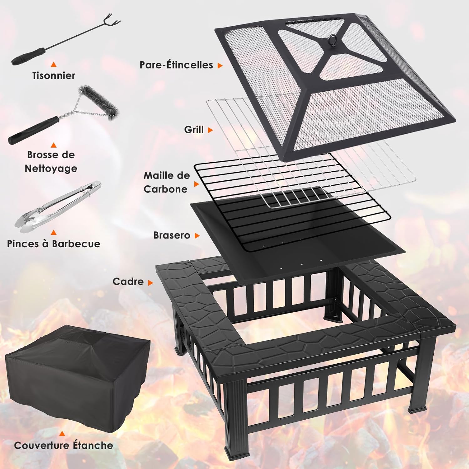 LIFERUN 32" BBQ-vuurkorf voor buiten, tuinvuurkorf, terrashaard met grill, inclusief pook, vonkenvanger, koolstofgaas, grillklemmen, borstel en 4 voetjes. 