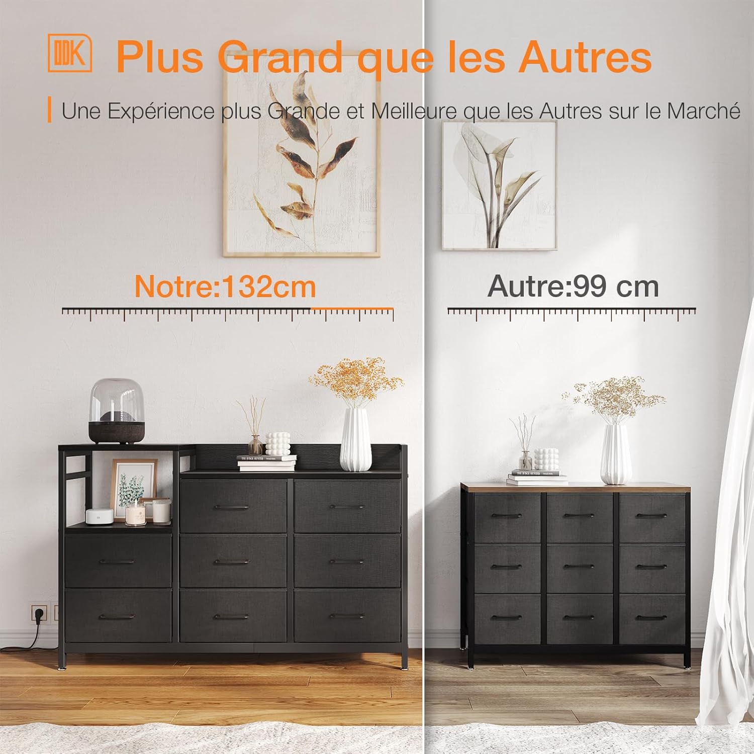 ODK Slaapkamerkast met 2 USB-poorten en 2 stopcontacten, multifunctionele ladekast voor slaapkamer en woonkamer – Stabiel en duurzaam dressoir, 132 x 30 x 88 cm, Vintage en zwart 